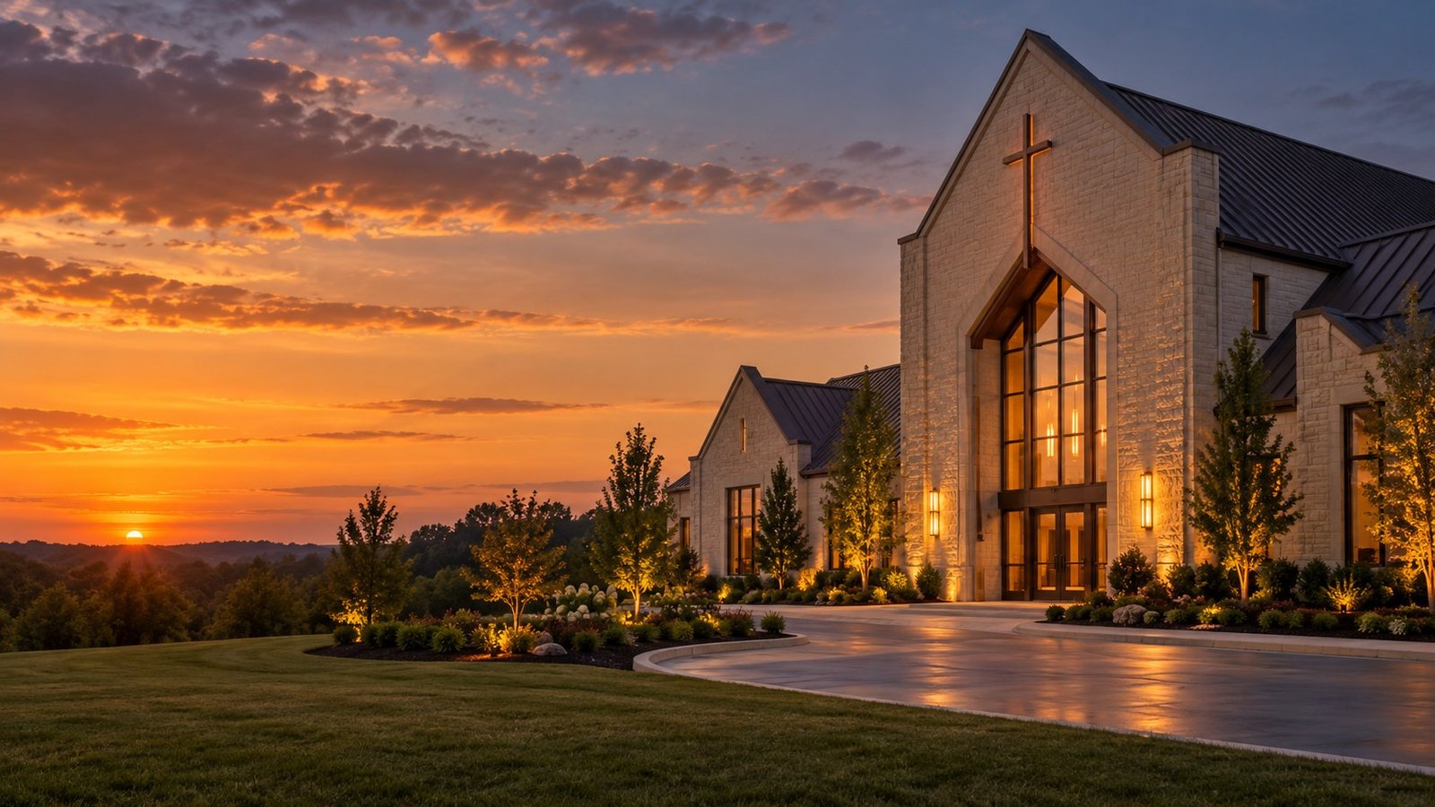 Illustrative church exterior at sunset